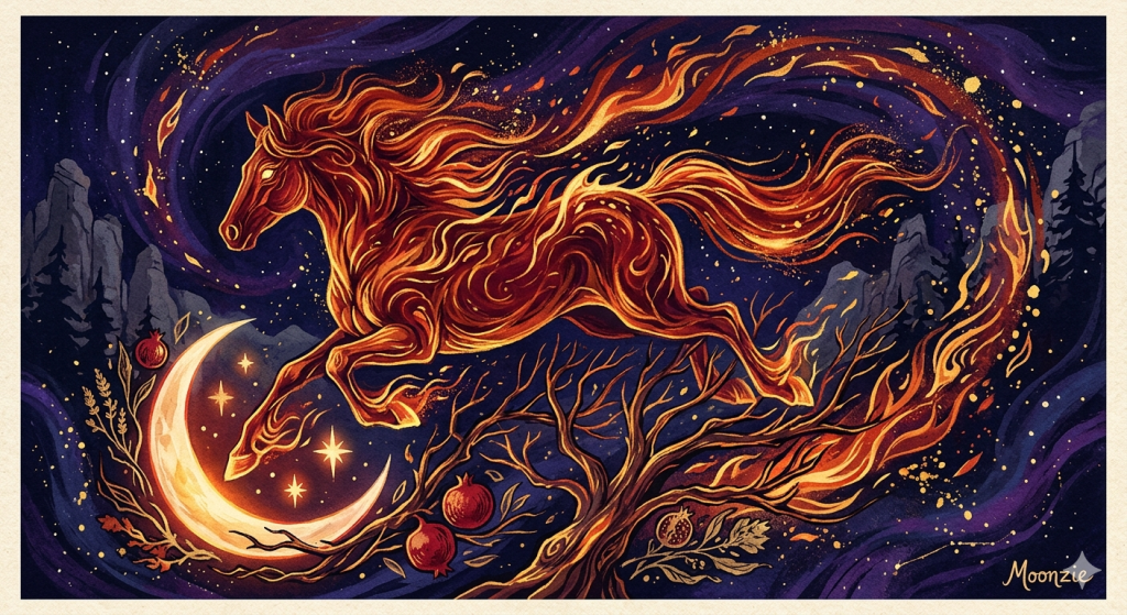 A powerful horse made of swirling flames leaps over a glowing crescent moon, set against a dark, cosmic night sky with pomegranates and bare trees in the foreground.