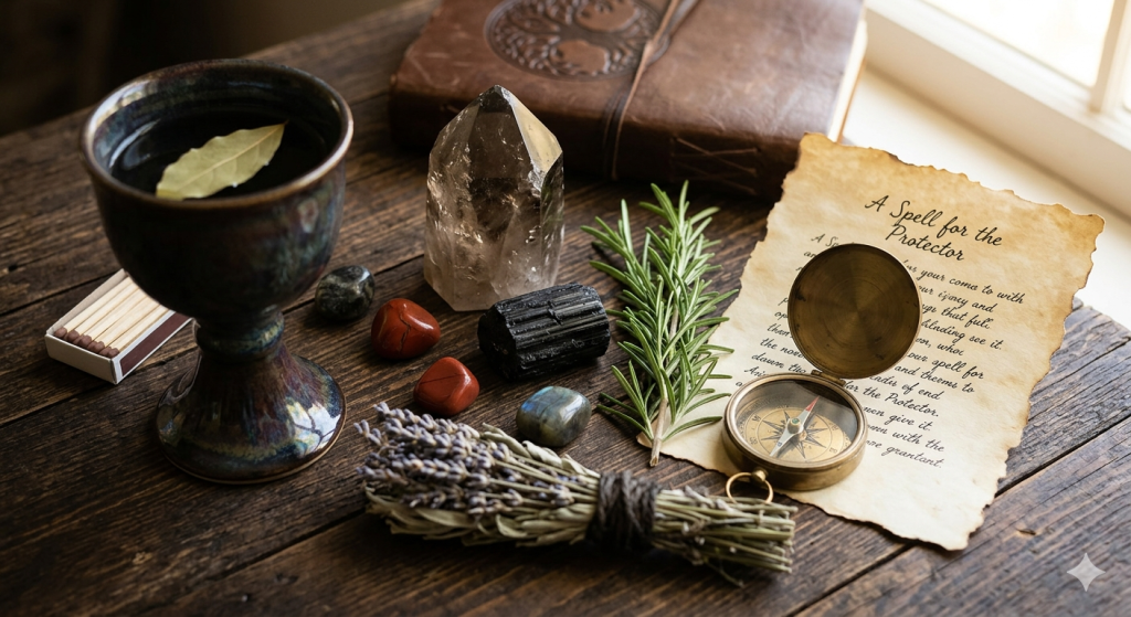 A flat-lay photograph on a dark rustic wooden table featuring a vintage open brass compass on an aged piece of parchment paper titled "A Spell for the Protector." Surrounding it are a ceramic chalice with a floating bay leaf, a box of matches, various protective crystals including black tourmaline, red jasper, and labradorite, a bundle of dried lavender and sage, a fresh sprig of rosemary, and a leather-bound journal.