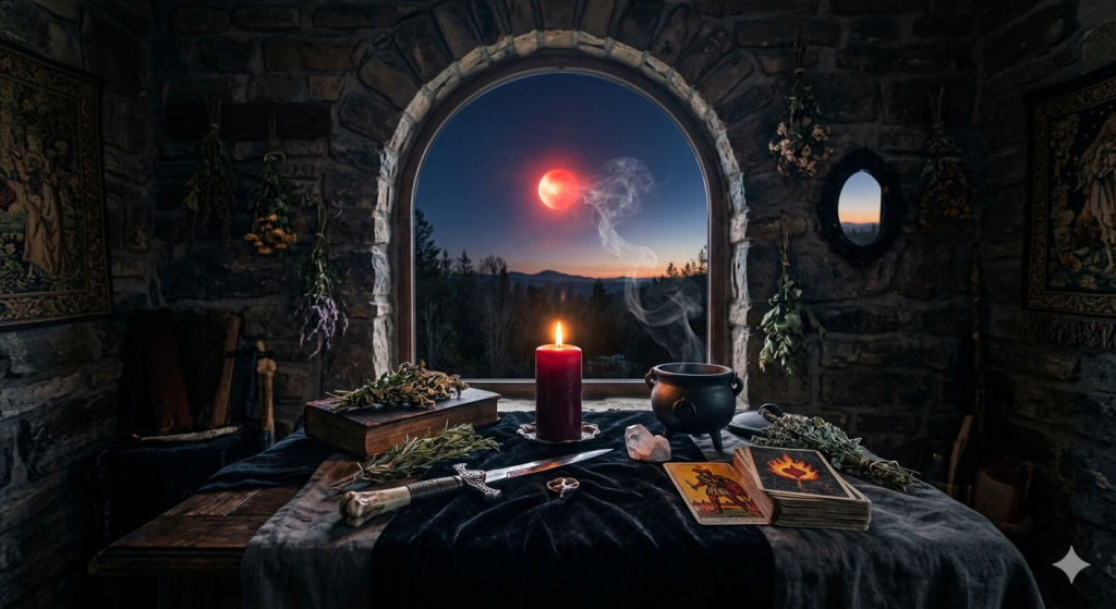 A mystical ritual altar at 5:00 am dawn with a red candle, tarot cards, a small cauldron, and Mars glowing through a stone window.