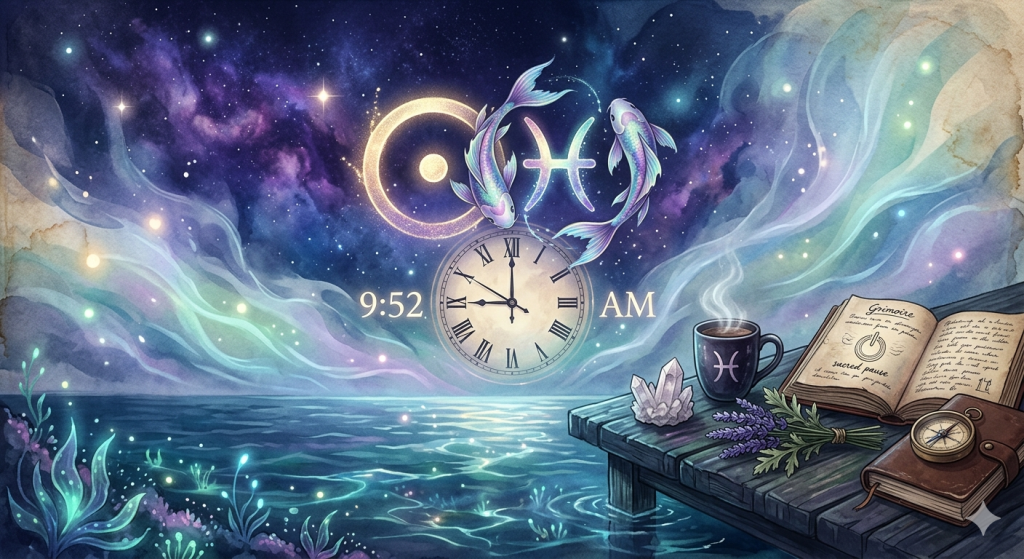 A mystical, ethereal digital illustration of the Sun entering Pisces at 9:52 AM, featuring a celestial clock, two koi fish, and a wooden dock with a grimoire, crystals, and lavender overlooking a magical sea under a nebula-filled sky.