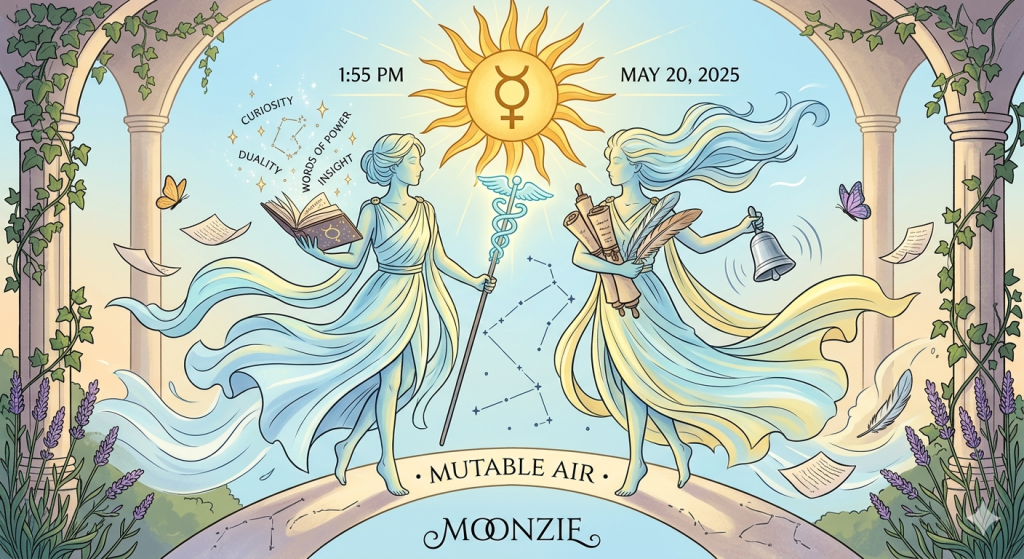 A mystical digital illustration featuring two ethereal twin figures representing Gemini, framed by classical stone arches overgrown with ivy and blooming lavender bushes. In the center, a vibrant golden sun shines with the astrological symbol of Mercury at its heart, flanked by the text "1:55 PM" and "MAY 20, 2025". One twin holds an open spellbook from which constellations and the words "CURIOSITY", "DUALITY", "WORDS OF POWER", and "INSIGHT" drift upward; the other holds scrolls and a silver handbell. The figures stand on a curved banner reading "MUTABLE AIR", with the signature "MOONZIE" prominently displayed at the bottom center.