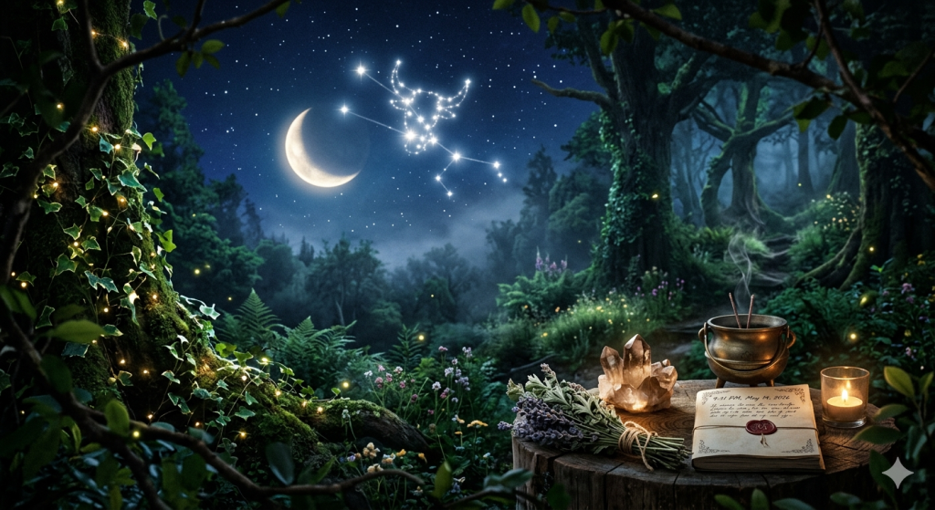 A mystical night forest featuring a glowing Taurus constellation and crescent moon in the sky, with a witch's altar in the foreground holding a cauldron, crystals, and a journal dated May 14, 2026.