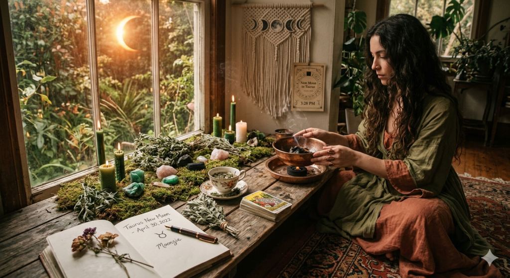 A woman with long dark hair in a green and terracotta dress performs a grounding ritual at a wooden table covered in moss, green candles, crystals, and herbs, with a solar eclipse visible through the window.
