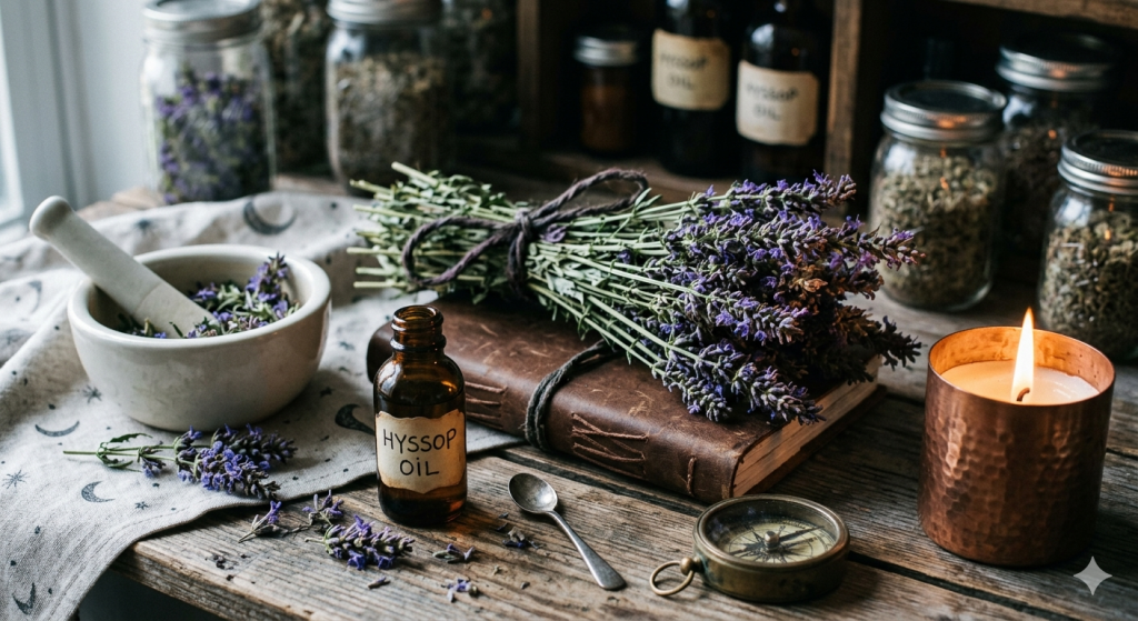 A rustic wooden workspace featuring dried hyssop bundles, an amber bottle labeled "Hyssop Oil," a mortar and pestle, a lit copper candle, and a vintage compass on a celestial-patterned cloth.