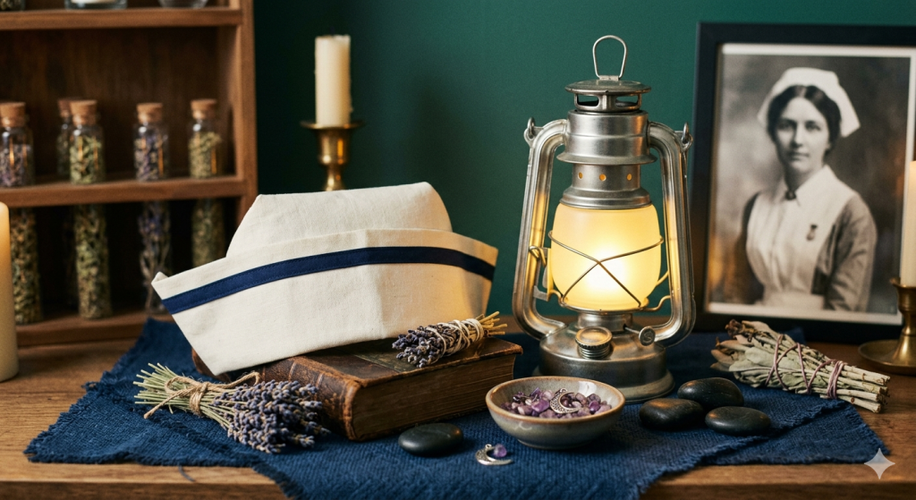 A witchy altar featuring a vintage nurse's cap, a glowing lantern, dried lavender, and a framed portrait of Florence Nightingale against a dark green wall.