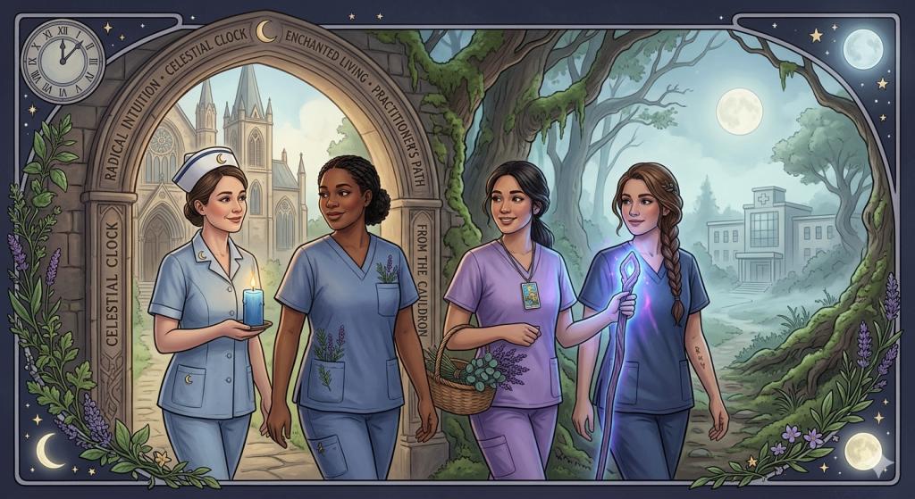 An artistic illustration of four diverse nurses in scrubs walking through a magical stone archway, carrying a blue candle, herbs, and a glowing staff toward a modern hospital at twilight.