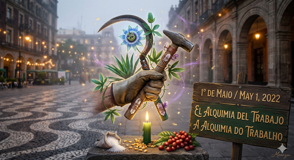 A mystical digital artwork featuring a gloved hand holding a hammer and sickle adorned with crystals and passionflowers. The scene is set in a historic Latin American plaza with a green candle, salt, and coffee beans in the foreground.