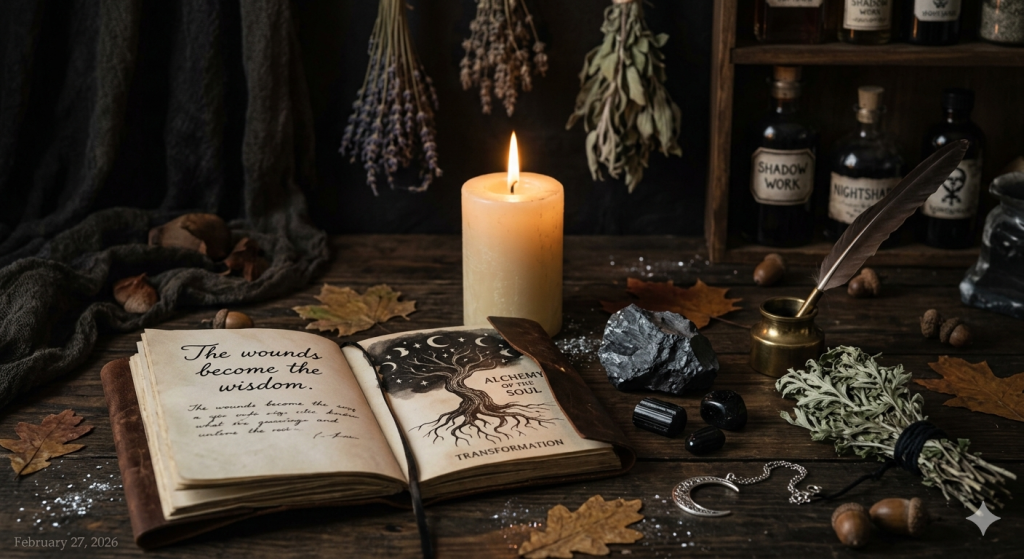 An open leather-bound book on a wooden table displaying the text "The wounds become the wisdom," surrounded by a lit candle, hematite, dried herbs, and a moon pendant, set against a backdrop of hanging botanicals and apothecary bottles.