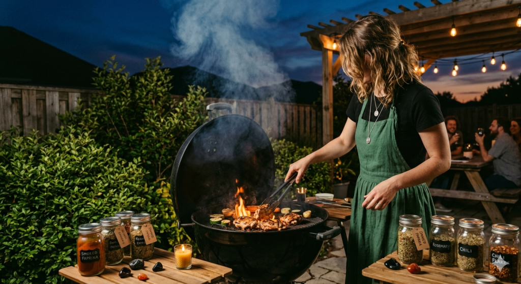 A person in a green apron tends to a flaming charcoal grill at dusk, surrounded by jars of herbs, crystals, and a candle, with friends gathered at a wooden table in the background.