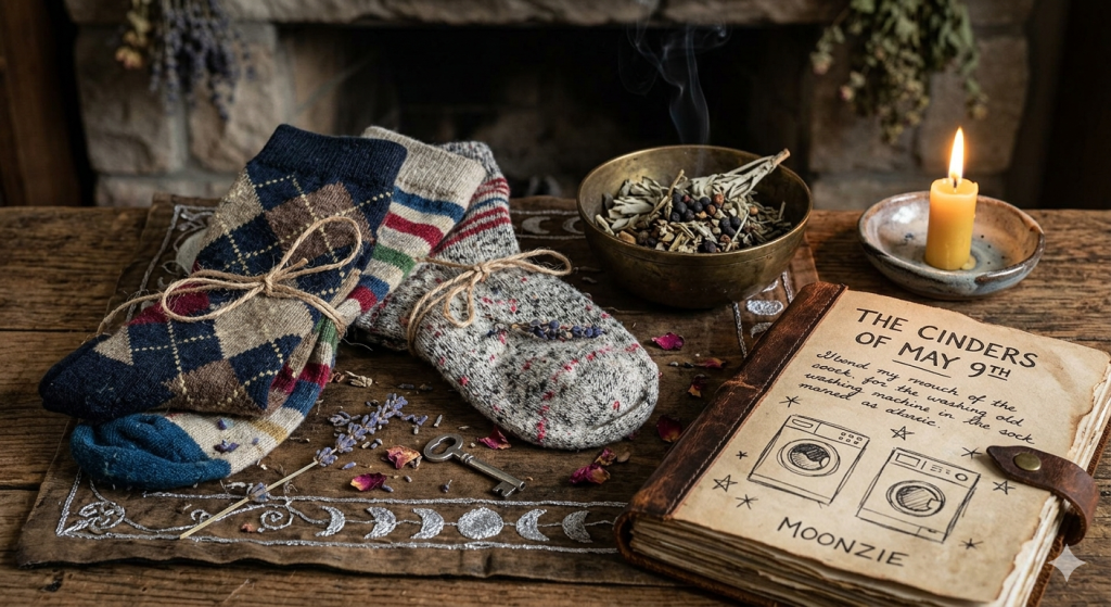 A rustic wooden surface featuring two mismatched wool socks tied with twine, a leather-bound journal titled "The Cinders of May 9th" with a sketch of washing machines, a lit yellow candle, a brass bowl of smoking herbs, and a skeleton key resting on a celestial-themed cloth.