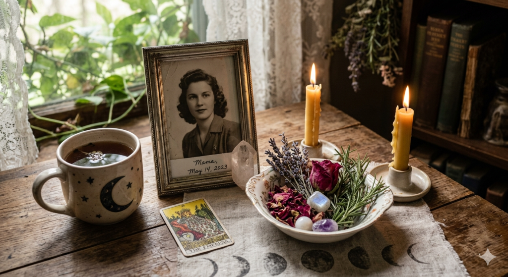 A wooden table holding a lit white candle, a bundle of dried lavender, and a vintage photograph, representing a Mother's Day ritual.