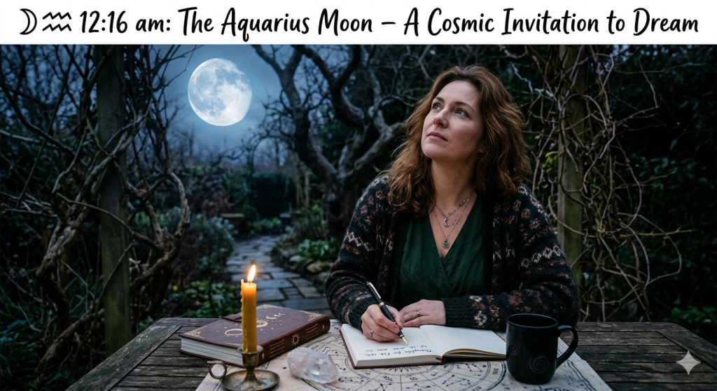 A woman sits at an outdoor table in a dimly lit, atmospheric garden at night, writing in a journal by candlelight, with a bright full moon visible in the sky behind her.