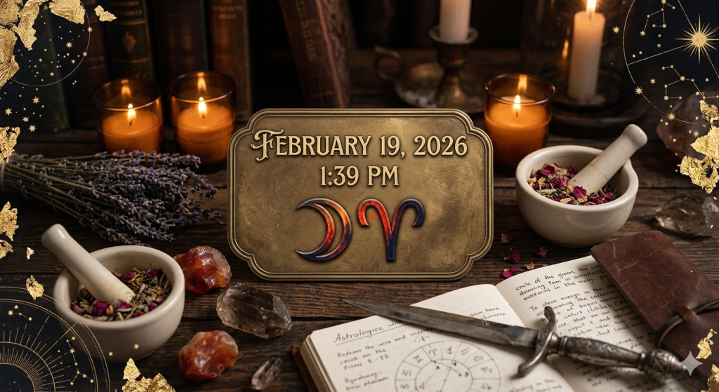 A mystical flat-lay table scene featuring a central plaque displaying the date "February 19, 2026" and the symbol for the Moon in Aries, surrounded by candles, herbs in a mortar and pestle, crystals, and a vintage astrology grimoire.
