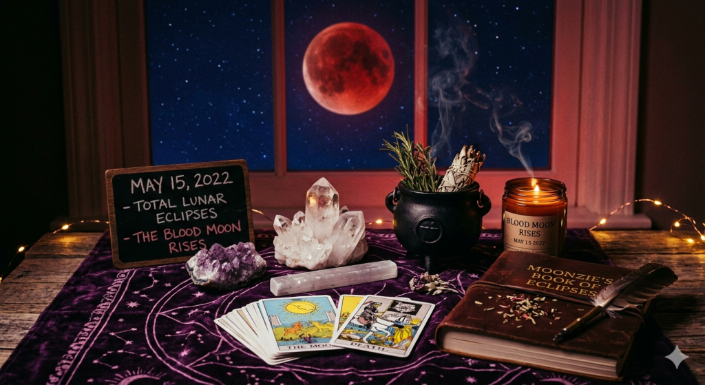 A witchy altar set against a window showing a red total lunar eclipse, featuring crystals, tarot cards, a smoking cauldron, and a leather journal titled "Moonzie's Book of Eclipses.