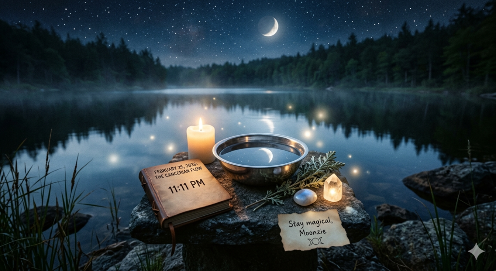 A ritual altar on a mossy rock by a lake at night, featuring a scrying bowl reflecting the moon, a candle, a leather-bound book marked "February 25, 2026: The Cancerian Flow, 11:11 PM," and a small note reading "Stay magical, Moonzie."