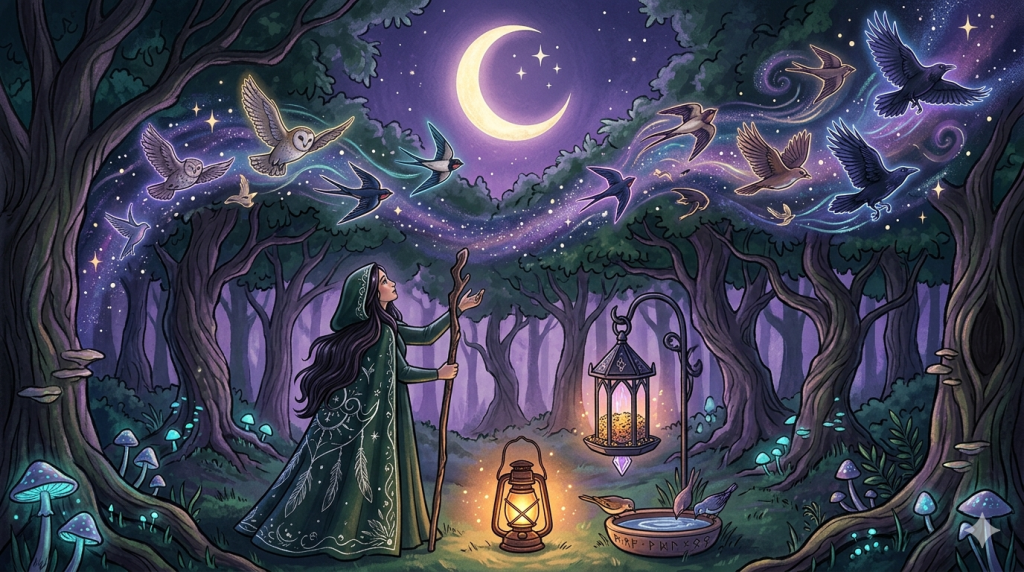 A whimsical, witchy illustration of a woman in a hooded green cloak standing in a bioluminescent forest, watching a stream of glowing migratory birds fly toward a crescent moon.