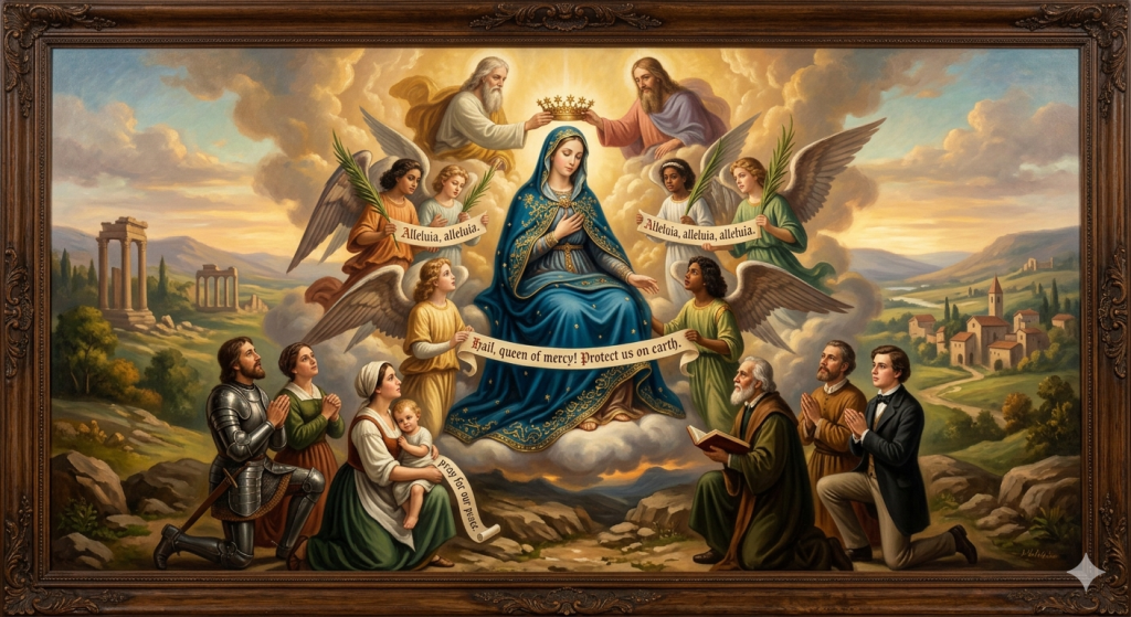 An oil painting in a dark wooden frame depicting the Virgin Mary in a rich blue robe adorned with gold embroidery, seated on a cloud as she is crowned Queen of Heaven by God the Father and Jesus Christ. Angels surround her holding banners with Catholic prayers, while on earth below, a diverse group of devoted people—including a knight, a mother with a child, and a scholar—kneel in prayer against a landscape of ancient ruins and a distant village.