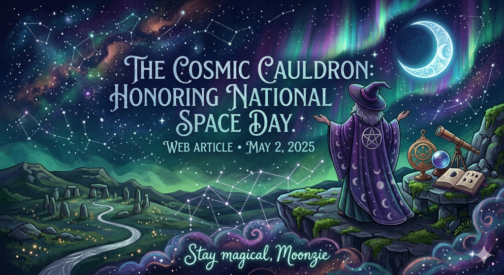A mystical illustration of a figure in a purple star-patterned cloak standing on a cliffside, overlooking a glowing stone circle and a winding river under a celestial sky filled with nebulae, aurora borealis, and a crescent moon