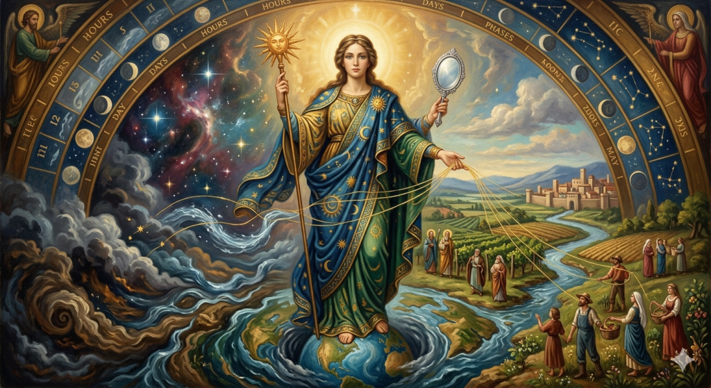A Renaissance-style allegorical painting of a majestic goddess standing atop a globe. On her left, dark swirling chaos and turbulent waves are pulled into order by glowing threads she holds. On her right, those same threads guide a calm river through a peaceful, sunlit landscape where farmers harvest crops near a medieval town. She holds a sun-shaped staff and a mirror, framed by a massive golden arch depicting the phases of the moon and astrological signs.