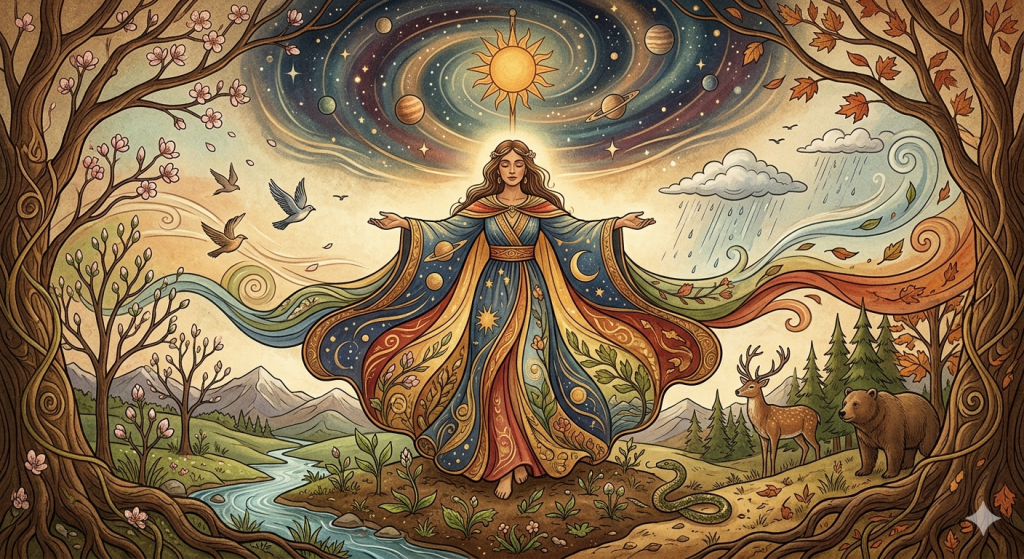 A detailed, vintage-style illustration of a grand cosmic goddess standing in the center of a split landscape representing the changing seasons. Her flowing robes weave together elements of the cosmos, including a swirling galaxy, the sun, moon, and planets above her head. To her left, the landscape is in spring bloom with cherry blossoms, a winding river, and flying birds. To her right, the landscape is in autumn, featuring falling orange leaves, a rain cloud, a stag, a bear, and a serpent in the dust.
