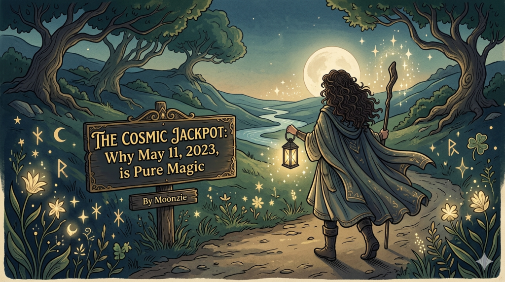 An artistic illustration of a person in a cloak holding a lantern and staff, walking down a magical path under a full moon toward a wooden sign that reads "The Cosmic Jackpot: Why May 11, 2023, is Pure Magic by Moonzie."
