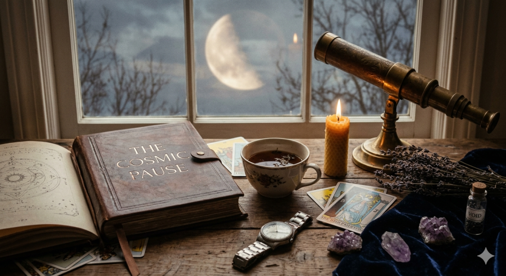 A moody, atmospheric desk arrangement featuring a leather-bound book titled 'The Cosmic Pause', a steaming cup of tea, tarot cards, amethysts, and a wristwatch, set against a window showing a large moon and a brass telescope.