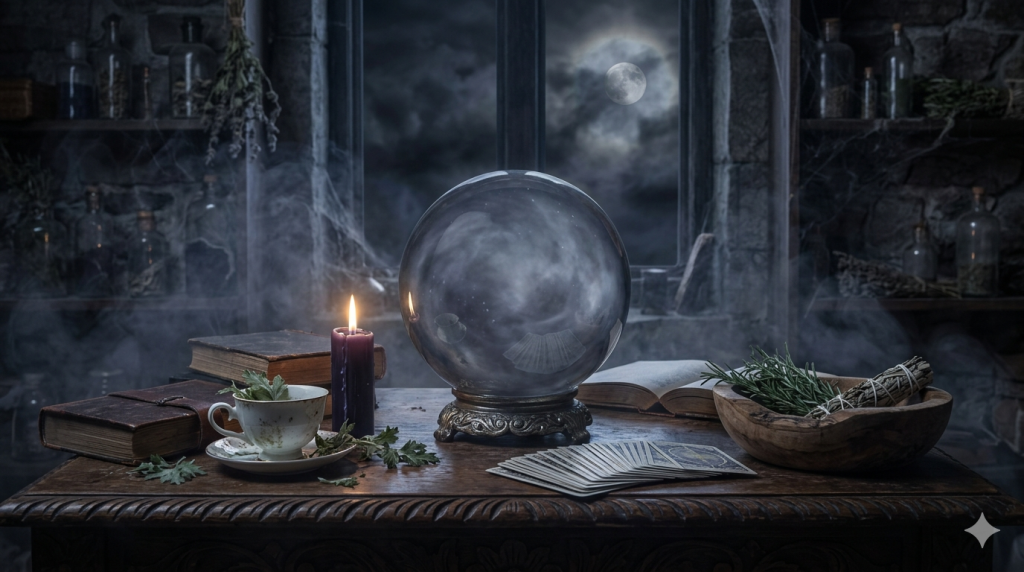 A mystical witch's altar featuring a large crystal ball, a deck of tarot cards, a cup of mugwort tea, fresh rosemary, and a purple candle set against a dark window revealing a full moon.