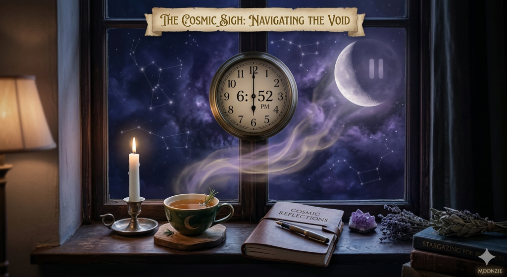 A mystical window scene at night featuring a clock set to 6:52 PM, a crescent moon with a pause symbol, a lit candle, and a cup of herbal tea on a wooden windowsill.