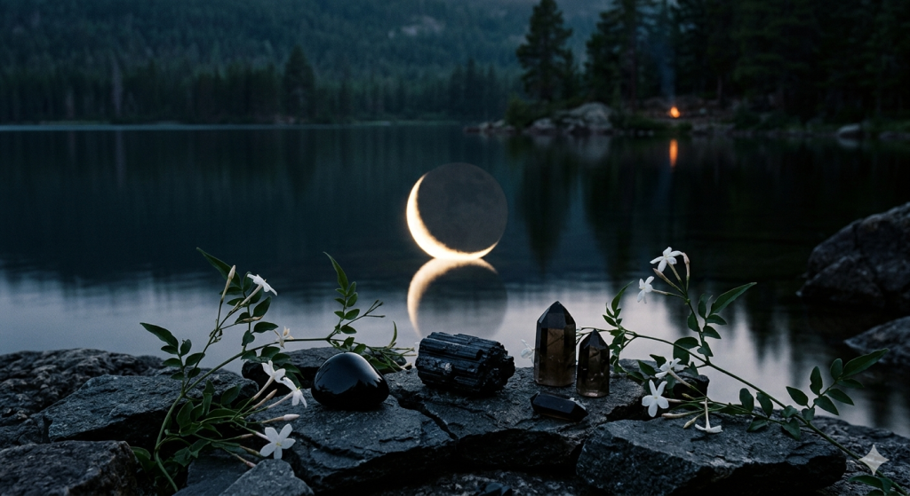 A glowing crescent moon reflected in a dark, still lake, with black tourmaline and smoky quartz crystals and white jasmine flowers resting on rocky ground in the foreground.