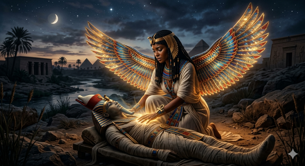 An artistic depiction of the Egyptian goddess Isis kneeling beside the mummified body of Osiris under a starry night sky. Isis, with large, glowing, feathered wings of gold, blue, and red spread wide, gently places one hand on Osiris’s chest, emitting a soft golden light. Osiris lies on a wooden bier wearing a pharaonic headdress. The background features a winding river Nile, distant pyramids, and a crescent moon.