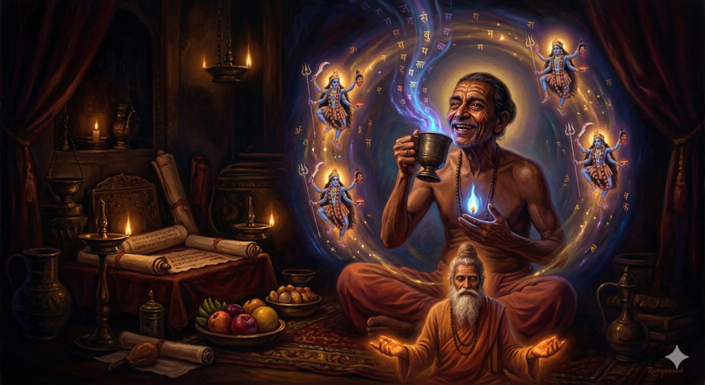 An oil-painting-style illustration of the Indian poet Ramprasad in a state of spiritual ecstasy, drinking from a goblet while surrounded by a swirling, glowing aura of Sanskrit letters and multiple manifestations of the goddess Kali.