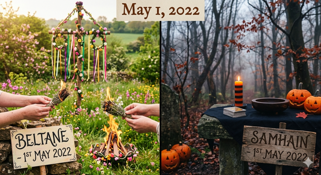 A split-screen image showing a vibrant, sunny Beltane celebration with a maypole and flowers on the left, contrasted with a moody, autumnal Samhain altar featuring pumpkins and candles on the right.
