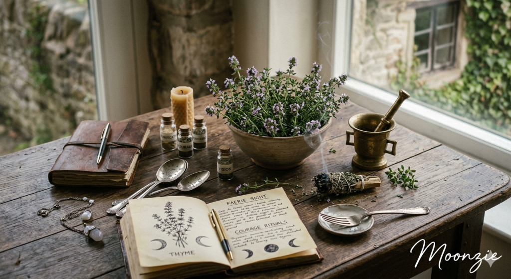 A rustic wooden table with a bowl of flowering thyme, a handwritten practitioner’s journal open to a page about thyme, small glass vials labeled 'Courage' and 'Vision', and moon-stamped silver spoons.