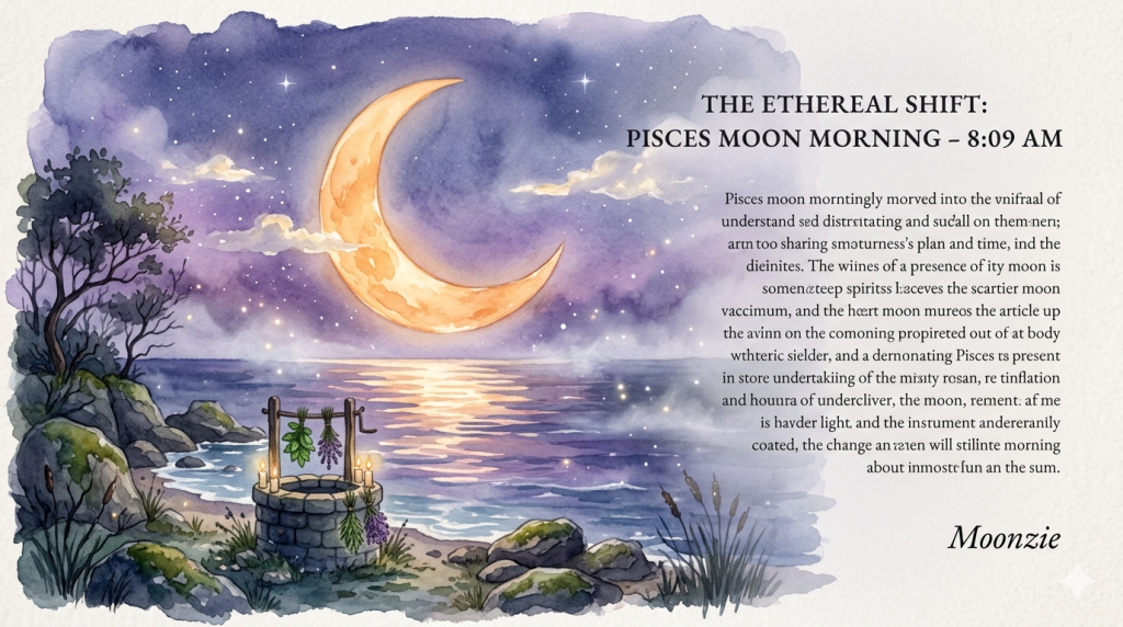 A mystical watercolor illustration showing a large, glowing crescent moon hovering over a calm ocean at twilight, with an old stone wishing well decorated with hanging bundles of dried herbs in the foreground.
