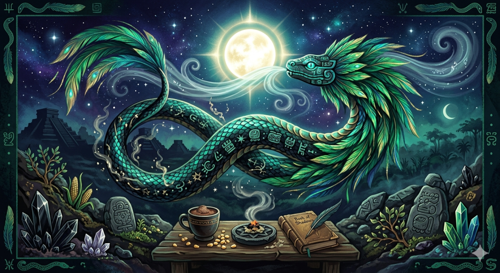 A mystical digital illustration of Quetzalcoatl, a massive serpent adorned with vibrant, iridescent green feathers, coiling through a starry night sky beside a radiant, glowing planet Venus and a luminous full moon. In the foreground, an altar features a Book of Shadows, a cup of dark cacao, and carved stelae with astrological glyphs.