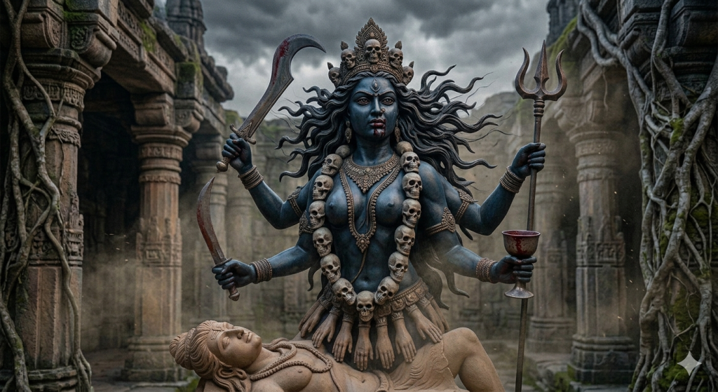 A powerful cinematic depiction of the Hindu goddess Kali standing over Lord Shiva in an ancient stone temple. She has deep blue-shadowed skin, multiple arms holding a trident, scimitars, and a chalice, and wears a garland of skulls and a skirt of severed hands.