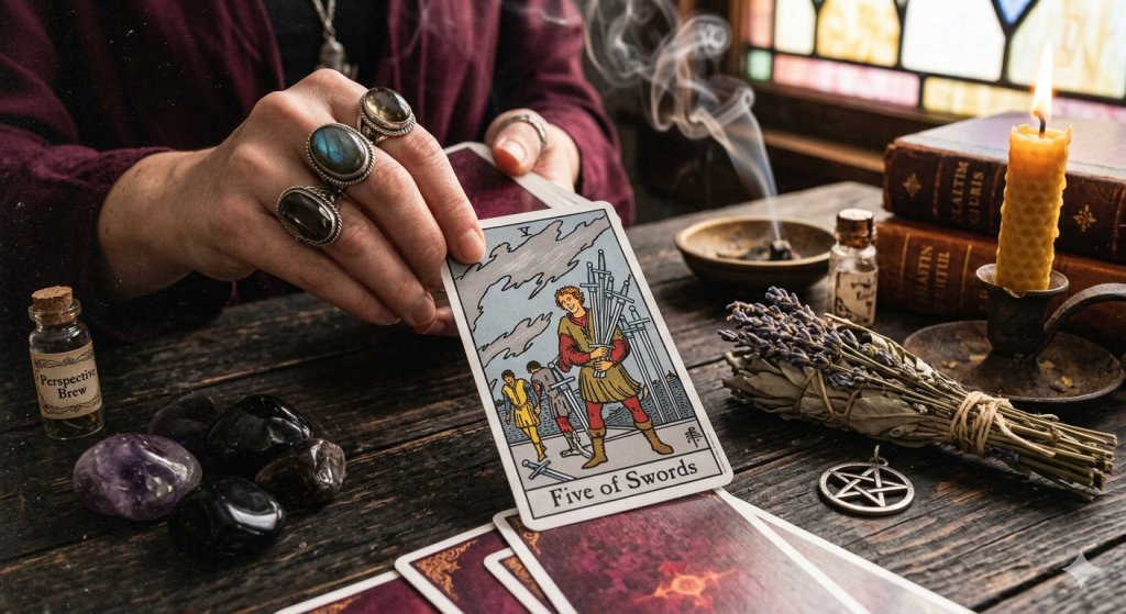 A close-up of a person's hands wearing large gemstone rings holding the Five of Swords tarot card over a rustic wooden table filled with herbs, crystals, and a candle.
