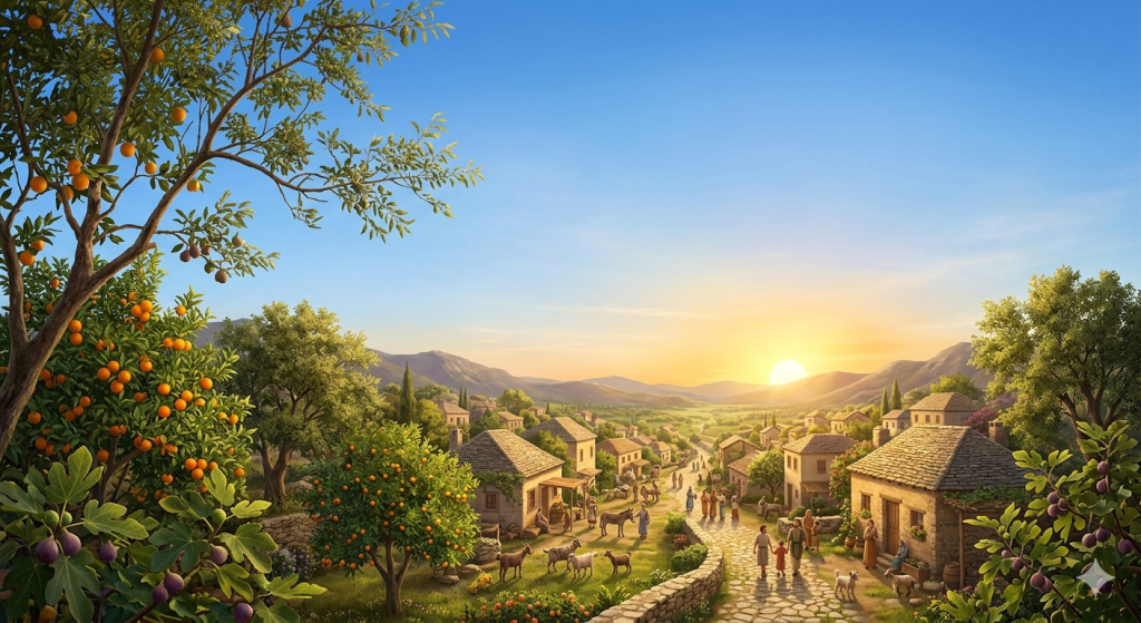 A vibrant, golden sunrise illuminating a tranquil ancient village, featuring lush fruit trees, stone houses, and people beginning their day in a serene landscape under a clear blue sky.