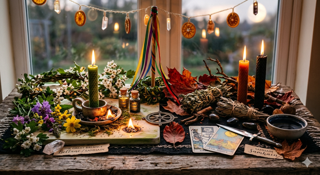 A split-themed mystical altar on a wooden table in front of a window. The left side features vibrant spring flowers, a green candle, and a small maypole for Beltane, while the right side features dried autumn leaves, dark candles, tarot cards, and a ritual dagger for Samhain.