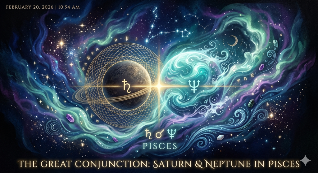 A celestial artistic rendering of the Saturn and Neptune conjunction in Pisces, featuring the two planets surrounded by swirling cosmic nebulas, floating crystals, and mystical sigils against a deep space background.