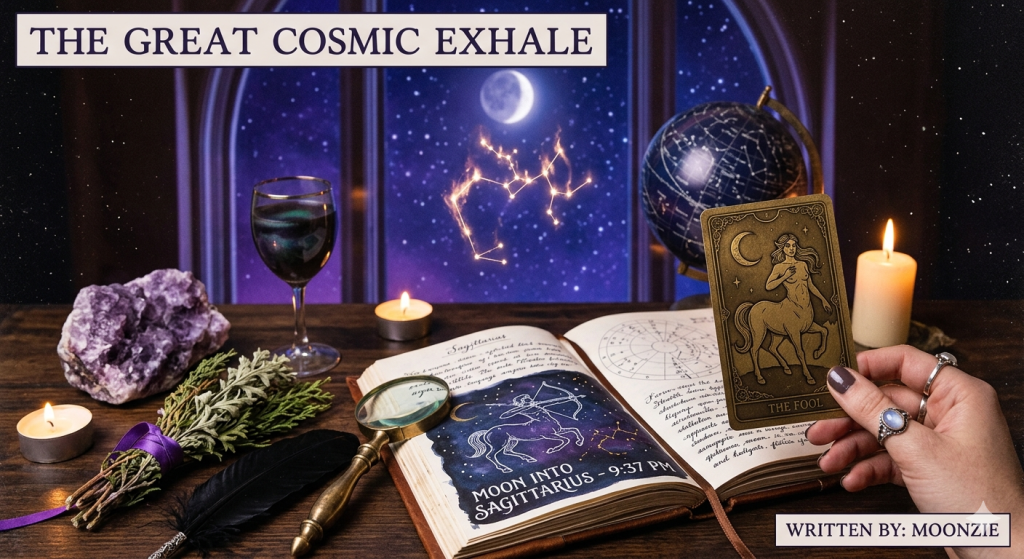 A witchy wooden desk scene featuring an open grimoire with a Sagittarius illustration, a celestial globe, candles, and a hand holding a tarot card against a starry night window with a glowing Sagittarius constellation.