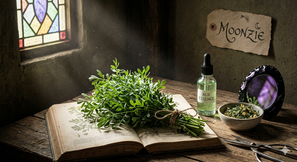 A bundle of fresh green rue tied with twine resting on an open antique botanical book in a rustic, sunlit room. Next to it are a dropper bottle labeled "Rue Essence," a small bowl of dried herbs, and a black mirror, with a hand-lettered sign for "Moonzie" on the wall.