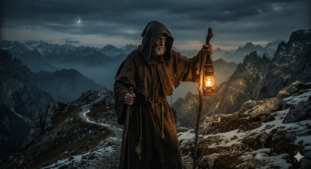 A hooded figure in dark, rustic robes stands on a snowy mountain ridge at twilight, holding a glowing lantern and a wooden staff. Faint celestial constellations and a crescent moon appear in the moody, overcast sky.
