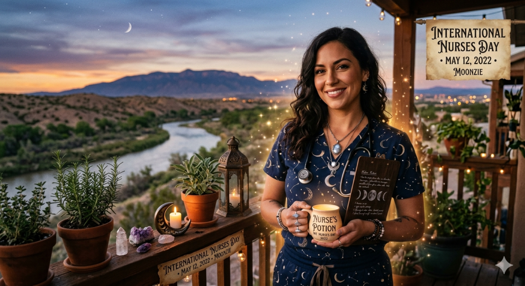 A smiling nurse in celestial-patterned scrubs stands on a moonlit balcony, holding a glowing mug labeled "Nurse's Potion" and a moon-phase clipboard.