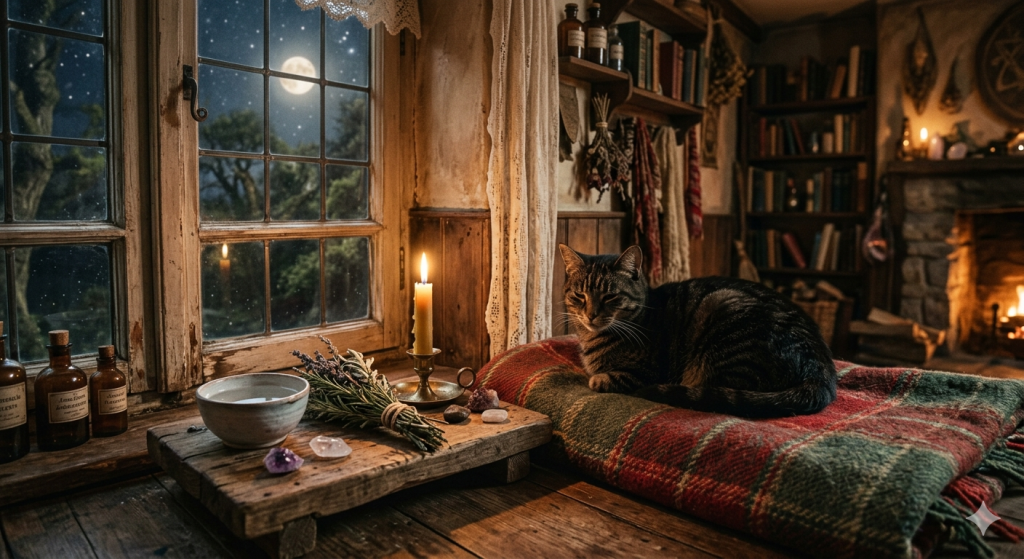 A cozy, rustic cottage interior at night featuring a dark tabby cat resting on a plaid blanket by an open window. Outside, a full moon shines in a starry sky. On the wooden windowsill inside, a lit candle, a small ceramic bowl of water, a bundle of dried rosemary and lavender, crystals, and vintage glass bottles are arranged like a small altar.