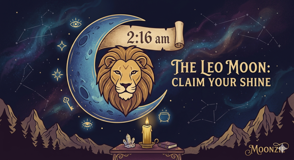 A mystical graphic featuring a golden lion head centered within a crescent moon, a candle and crystals on a small table below, set against a dark starry sky with mountain silhouettes.