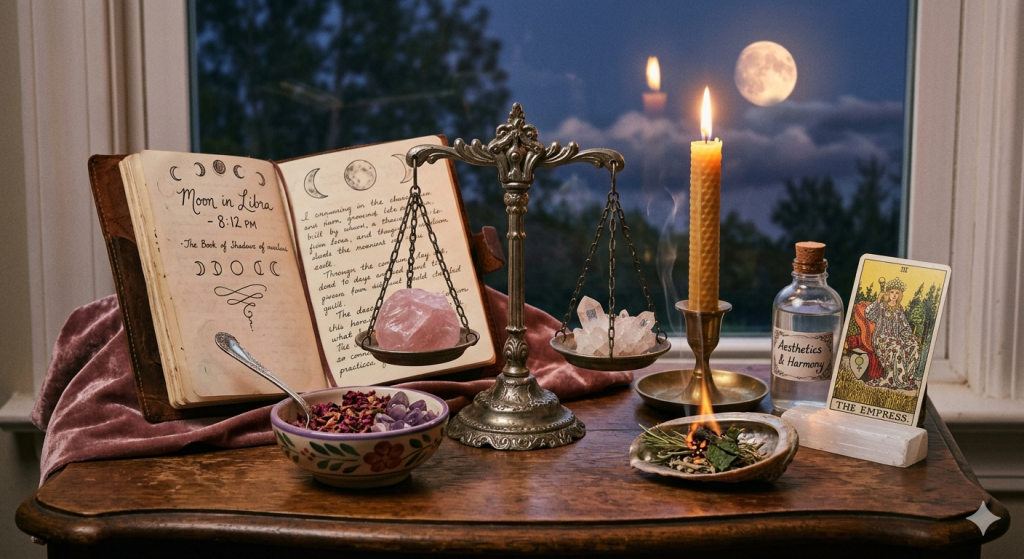 A witchy altar by a window at night featuring brass scales balancing rose quartz and clear quartz, an open grimoire, a lit candle, and The Empress tarot card under a full moon.