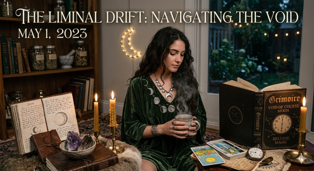 A mystical, witchy scene featuring a woman in a green velvet dress holding a steaming mug, surrounded by candles, crystals, tarot cards, and a Grimoire with a clock face set to nearly 7:00.