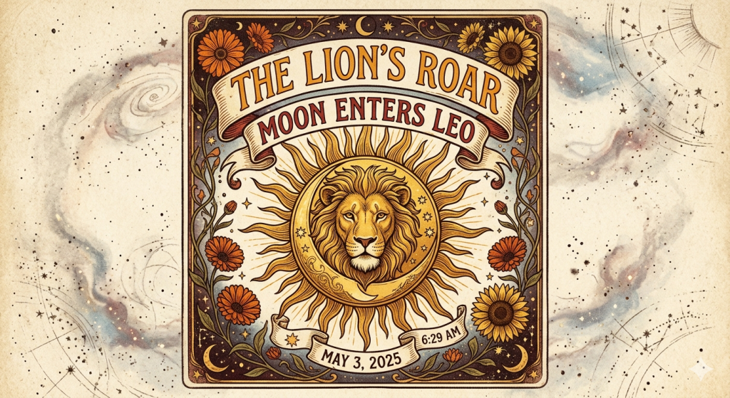 An ornate vintage illustration of a lion's head combined with a sun and crescent moon, surrounded by a floral border, stars, and celestial patterns.
