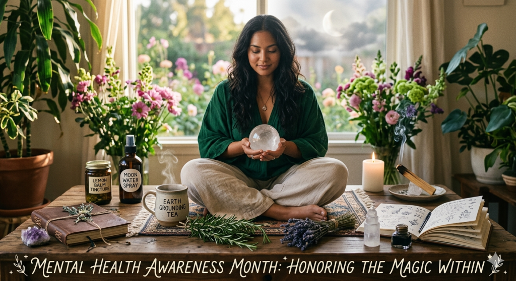 A person sits cross-legged at a wooden altar, holding a glowing crystal ball. On the table are various ritual items including a "Moon Water" spray, a jar of "Lemon Balm Tincture," a steaming mug of "Earth Grounding Tea," sprigs of rosemary, lavender, a leather-bound journal, and a flickering candle.